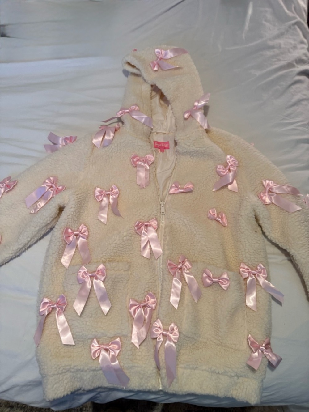 Sugar Thrillz Cream Teddy Jacket with Pink Satin Bows